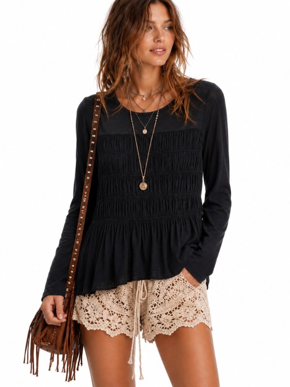 Sundance Smocked Blouse Women's M Black Cotton Woven Trim Boho Peasant Top‎